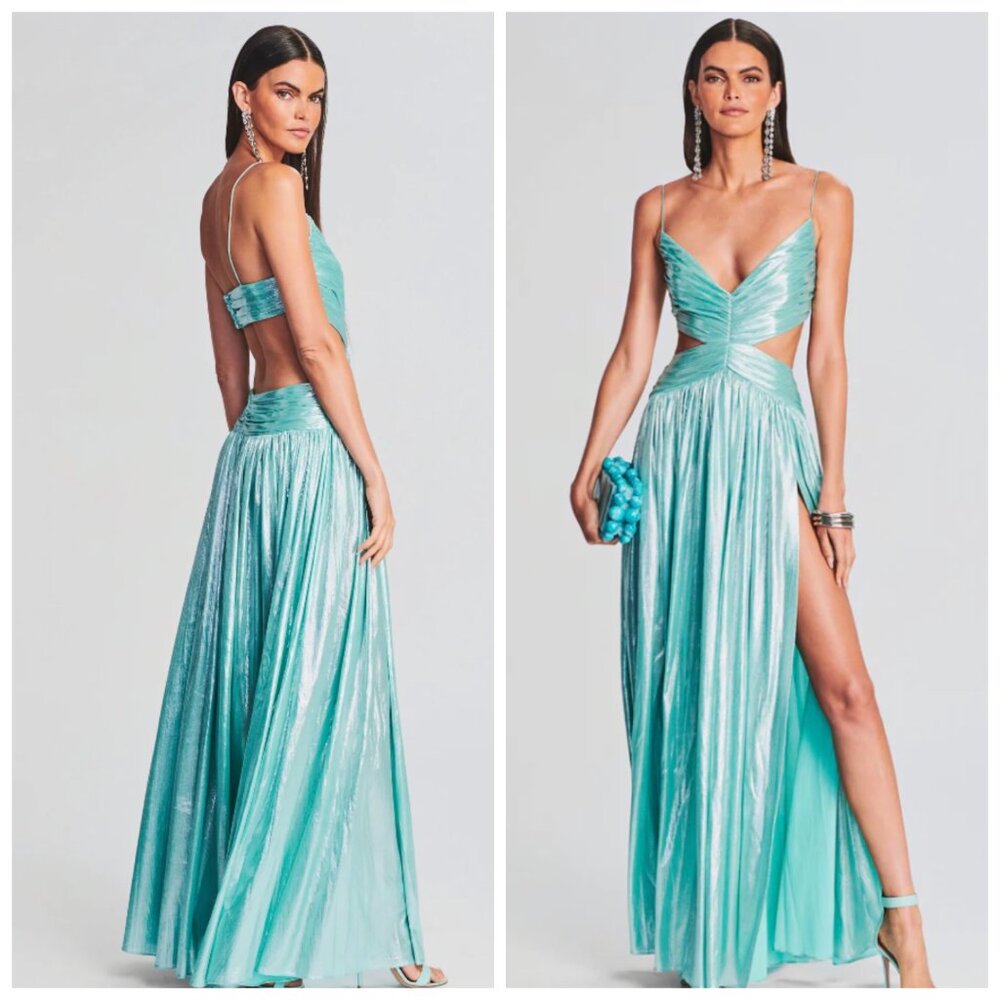 Retrofete Aqua Metallic Cutout Maxi Dress